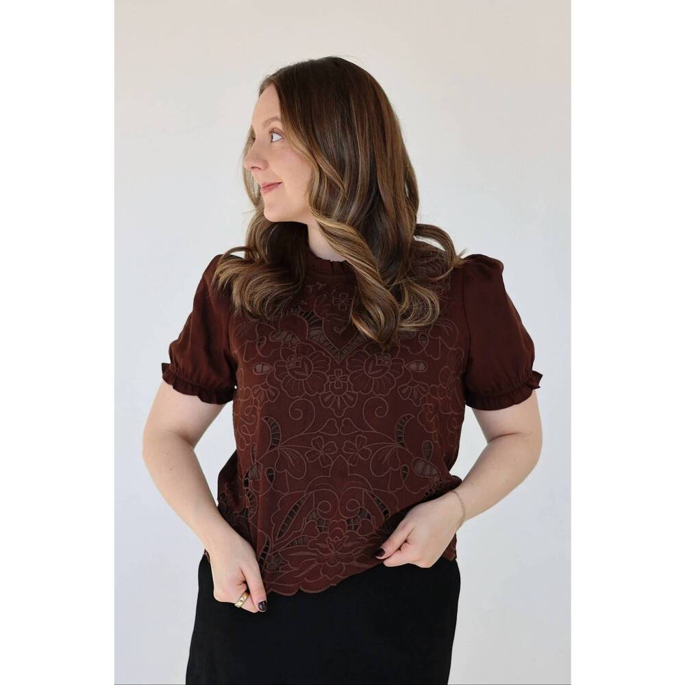 NEW CAMELLIA clara embroidered eyelet blouse in brown
